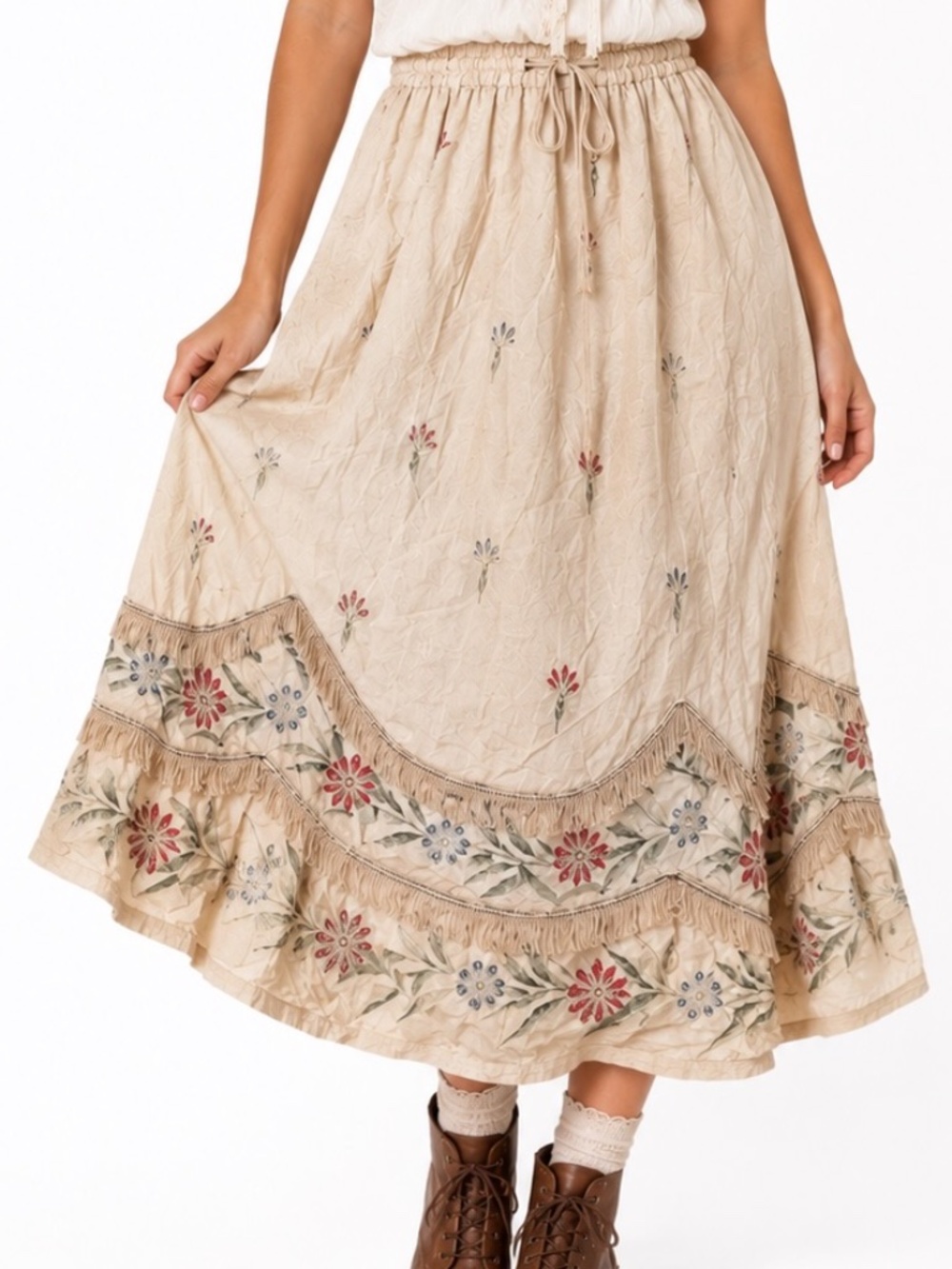 Shoreline Skirt Womens Size 14 Beige Embroidery Cottagecore Boho Midi Fringe